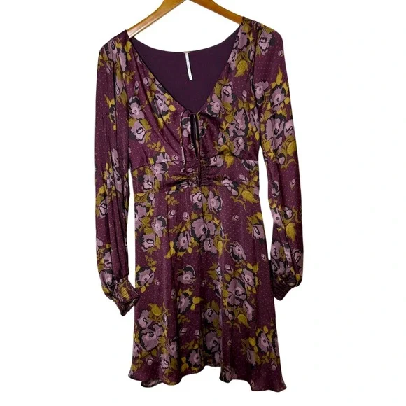 Not For Sale Free People Women Dress Purple S Morning Light Floral Mini Polka - Picture 3 of 11